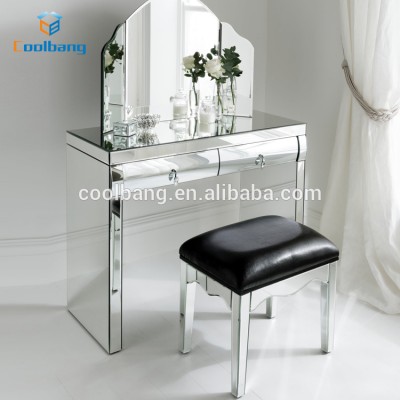 Smooth fashionable mirrored living room furniture curved glass dressing table