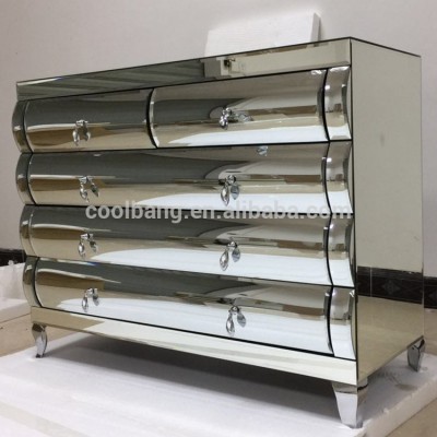 large decorative silver mirror and stainless steel chest of drawers