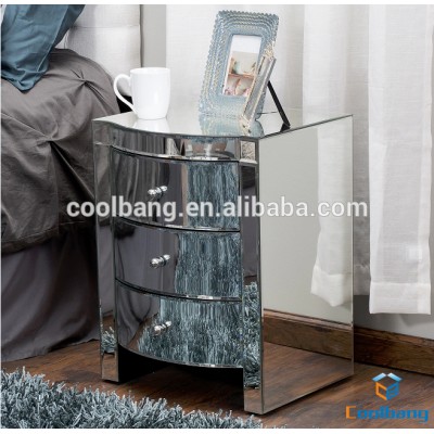 Elegant Mirrored Glass 3 Soft Close Chest Drawer Bedside curved mirror bedside table